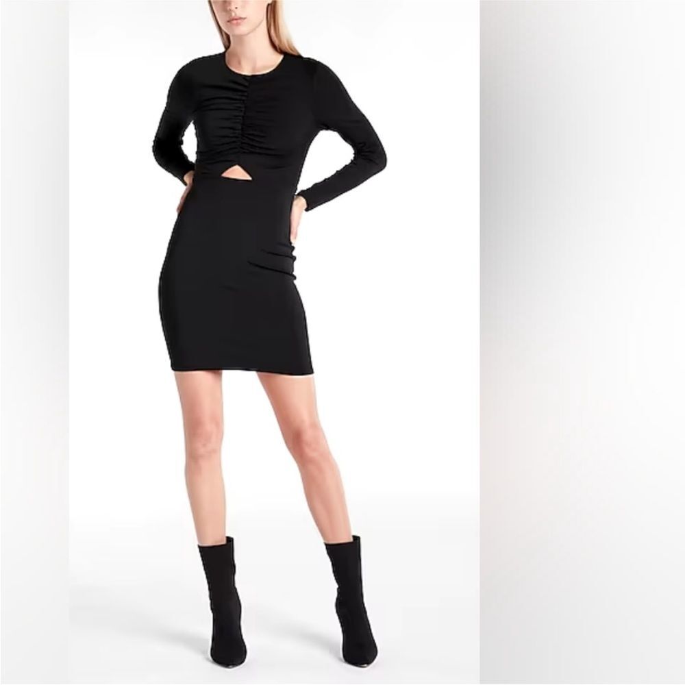 NWT Express Black Cutout Bodycon Mini Dress Ruched Bodice Long Sleeve Small